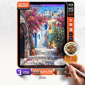 May include: A digital art file for Procreate featuring a Greek island scene with stone steps, blue-domed buildings, and vibrant pink bougainvillea. The interface includes text labels like Procreate Ready, Diamond Mosaic, and 350 Ultra Fine Colors.
