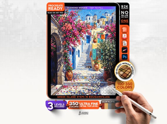 Greek Island Steps digital diamond painting mystery mosaic for iPad, In Bougainvillea, Santorini