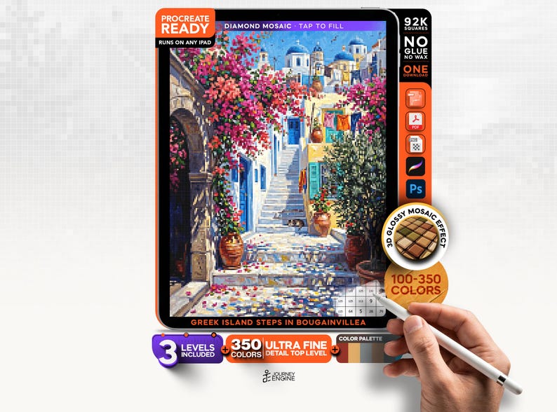 May include: A digital art file for Procreate featuring a Greek island scene with stone steps, blue-domed buildings, and vibrant pink bougainvillea. The interface includes text labels like Procreate Ready, Diamond Mosaic, and 350 Ultra Fine Colors.
