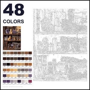 May include: A paint-by-numbers kit featuring 48 colors, a reference image of a shelf filled with crystals, herbs, and apothecary items, and a large outlined canvas with numbered sections corresponding to the provided color palette.