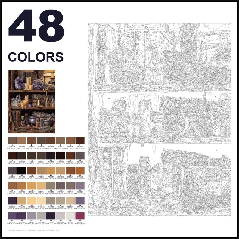 May include: A paint-by-numbers kit featuring 48 colors, a reference image of a shelf filled with crystals, herbs, and apothecary items, and a large outlined canvas with numbered sections corresponding to the provided color palette.