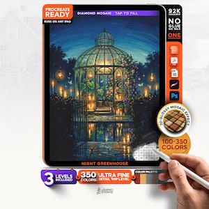 May include: A digital diamond mosaic art file titled Night Greenhouse for Procreate, featuring a glowing glass structure at night. The interface displays 92K squares, 350 ultra-fine colors, and a 3D glossy effect badge. Includes icons for PDF, Procreate, and Photoshop.