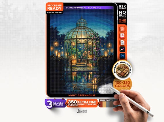 Night Greenhouse digital diamond painting mystery mosaic for iPad, Botanical Mosaic