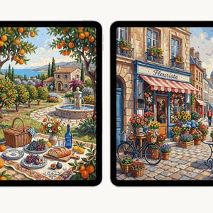 Pu&ograve; includere: Due tablet digitali che mostrano illustrazioni colorate. Lo schermo a sinistra mostra un aranceto con un picnic e una fontana. Lo schermo a destra raffigura una scena di strada con un negozio di fiori con l'insegna che riporta Fleuriste.