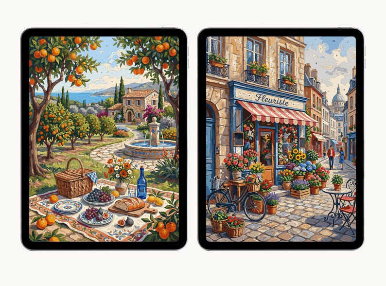 Pu&ograve; includere: Due tablet digitali che mostrano illustrazioni colorate. Lo schermo a sinistra mostra un aranceto con un picnic e una fontana. Lo schermo a destra raffigura una scena di strada con un negozio di fiori con l'insegna che riporta Fleuriste.