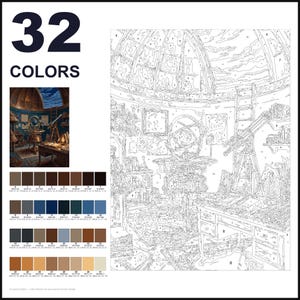 May include: A paint-by-numbers kit featuring a study with a telescope and armillary sphere. The image includes a numbered outline template, a small color reference picture, and a grid of 32 color swatches with hex codes and RGB values.