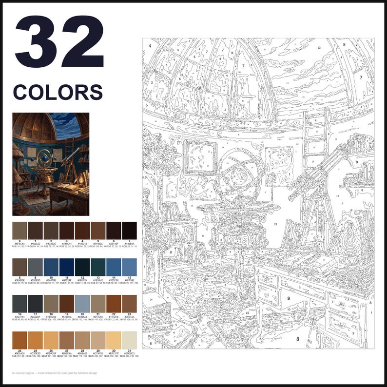 May include: A paint-by-numbers kit featuring a study with a telescope and armillary sphere. The image includes a numbered outline template, a small color reference picture, and a grid of 32 color swatches with hex codes and RGB values.