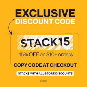 May include: A yellow graphic featuring the text EXCLUSIVE DISCOUNT CODE with an arrow pointing to a box containing the text STACK15. Below this, the text reads 15% OFF on $10+ orders, COPY CODE AT CHECKOUT, and STACKS WITH ALL STORE DISCOUNTS.
