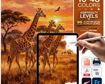 Giraffe Paint by Numbers Digital | 5 Levels 16-96 Colors | Svg Pdf Png Procreate | Giraffe Herd African Savanna Sunset Printable Wall Art