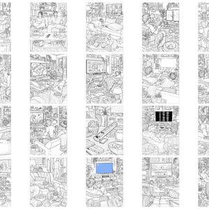 May include: A collection of twenty black and white line art illustrations depicting various indoor living room scenes. Each panel features detailed drawings of people relaxing on sofas, watching television, and interacting with household items and pets.
