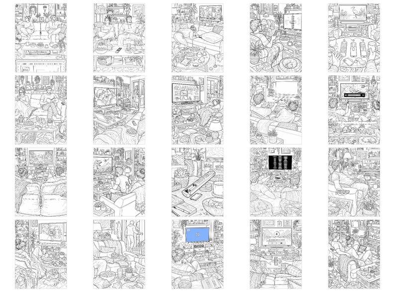 May include: A collection of twenty black and white line art illustrations depicting various indoor living room scenes. Each panel features detailed drawings of people relaxing on sofas, watching television, and interacting with household items and pets.