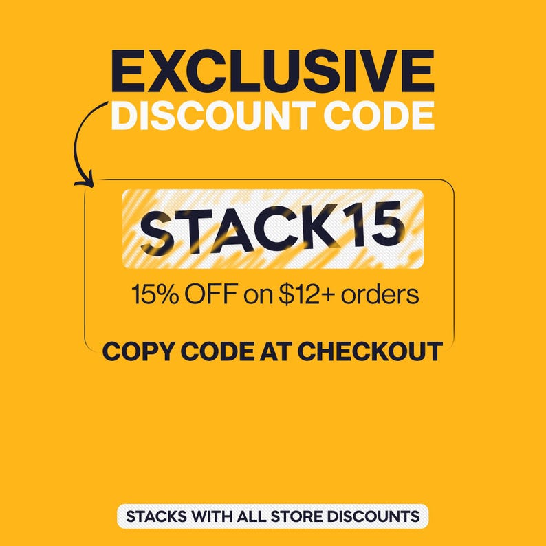 May include: A bright yellow graphic featuring the text EXCLUSIVE DISCOUNT CODE with an arrow pointing to a box containing the code STACK15. Below this, the text reads 15% OFF on $12+ orders, COPY CODE AT CHECKOUT, and STACKS WITH ALL STORE DISCOUNTS.