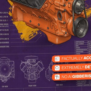 Op de afbeelding: Een technische print met een oranje V8-motorillustratie op een paarse achtergrond met witte schematische diagrammen, tekstspecificaties inclusief boring, slag en ontstekingsvolgorde, en drie oranje rechthoekige labels met witte tekst.