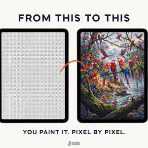 May include: Two tablets displaying a digital paint-by-number activity. The left screen shows a grid of letters, while the right screen shows a completed colorful illustration of scarlet macaws in a jungle setting. Text reads FROM THIS TO THIS.
