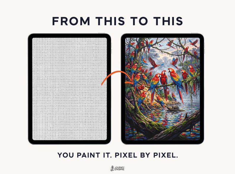 May include: Two tablets displaying a digital paint-by-number activity. The left screen shows a grid of letters, while the right screen shows a completed colorful illustration of scarlet macaws in a jungle setting. Text reads FROM THIS TO THIS.