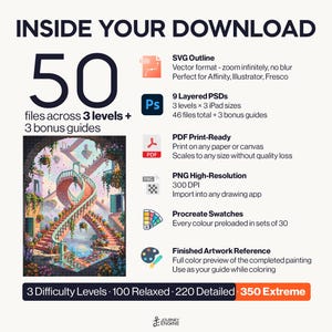May include: A digital download package containing 50 files across 3 levels and 3 bonus guides. Includes SVG outlines, 9 layered PSDs, PDF print-ready files, high-resolution PNGs, Procreate swatches, and a finished artwork reference image.