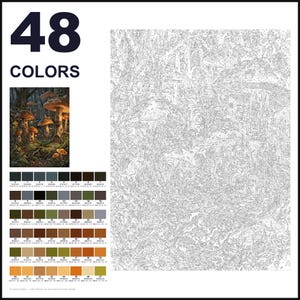 May include: A paint-by-numbers kit featuring a forest scene with large mushrooms and small dwellings. The layout includes a finished color reference image, a numbered outline canvas, and a palette of 48 distinct paint colors labeled 0 through 47.
