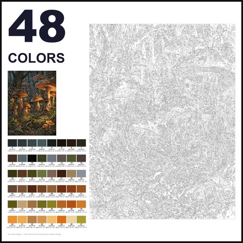 May include: A paint-by-numbers kit featuring a forest scene with large mushrooms and small dwellings. The layout includes a finished color reference image, a numbered outline canvas, and a palette of 48 distinct paint colors labeled 0 through 47.