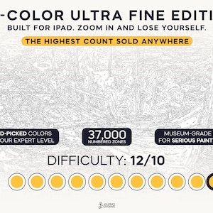May include: A digital paint-by-number template featuring 37,000 numbered zones and 120 hand-picked colors. The graphic includes the text 120-COLOR ULTRA FINE EDITION, BUILT FOR IPAD, THE HIGHEST COUNT SOLD ANYWHERE, and DIFFICULTY: 12/10 with ten yellow circles.