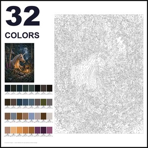 May include: A paint-by-numbers kit featuring a unicorn in a forest scene. The layout includes the text 32 COLORS, a small color reference image, a grid of 32 numbered color swatches with hex codes, and a large numbered outline canvas.