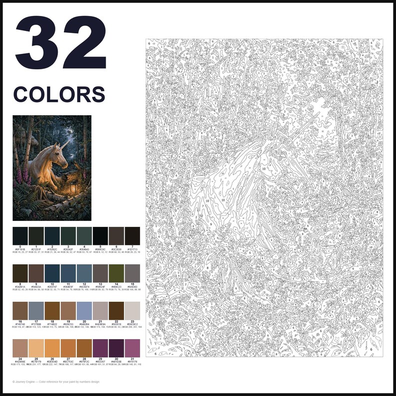 May include: A paint-by-numbers kit featuring a unicorn in a forest scene. The layout includes the text 32 COLORS, a small color reference image, a grid of 32 numbered color swatches with hex codes, and a large numbered outline canvas.