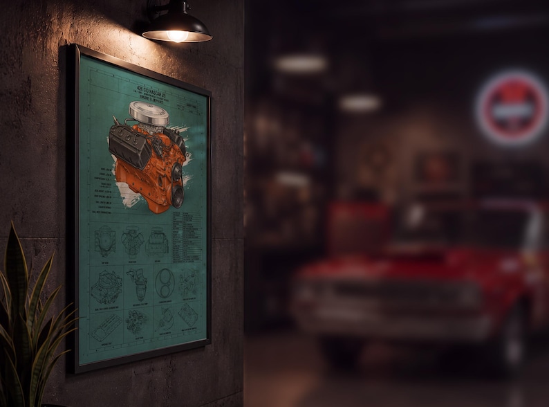 Op de afbeelding: Een ingelijste kunstprint met een technische blauwdruk van een 426 CID NASCAR-motor. De poster toont bovenaan een grote oranje motorillustratie met gedetailleerde lijntekeningen van motoronderdelen en technische tekst eronder op een groenblauwe achtergrond.
