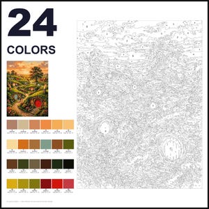 May include: A paint-by-numbers kit featuring a landscape with round-door dwellings, trees, and a sunset sky. The set includes a numbered outline canvas, a small color reference image, and a palette of 24 distinct paint colors with hex codes.