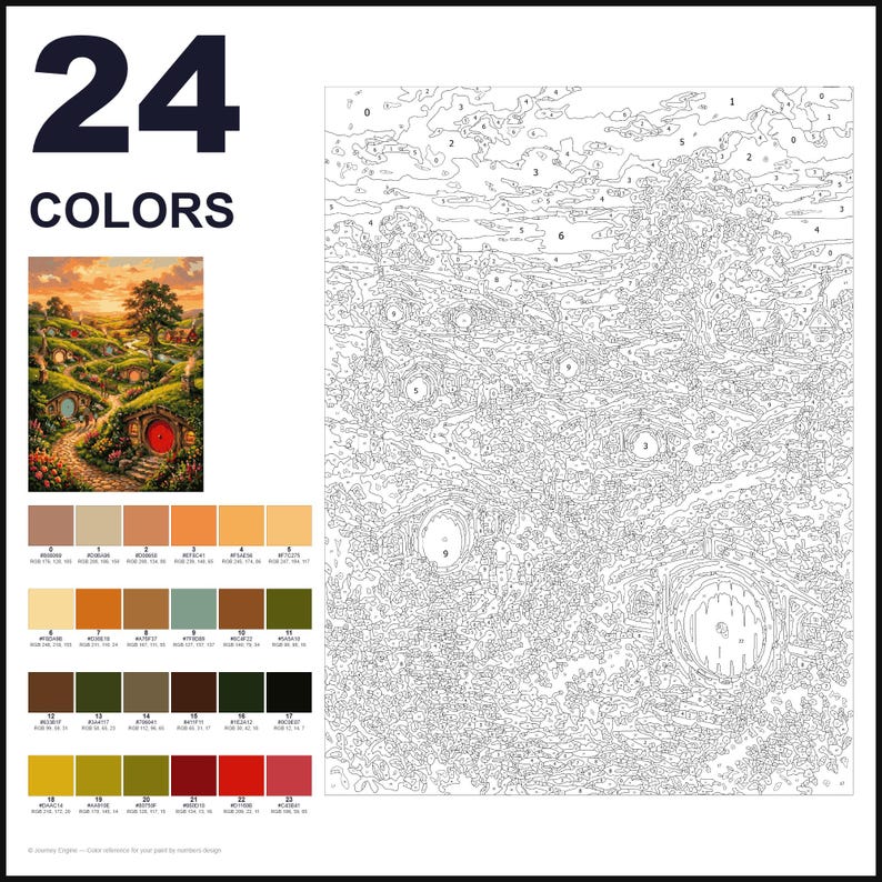 May include: A paint-by-numbers kit featuring a landscape with round-door dwellings, trees, and a sunset sky. The set includes a numbered outline canvas, a small color reference image, and a palette of 24 distinct paint colors with hex codes.