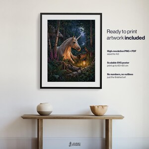 May include: A framed wall art print featuring a white unicorn resting in a dark forest with a glowing lantern. Text on the right reads: Ready to print artwork included, High-resolution PNG + PDF sized for A3, Scalable SVG poster print up to 60x90 cm.