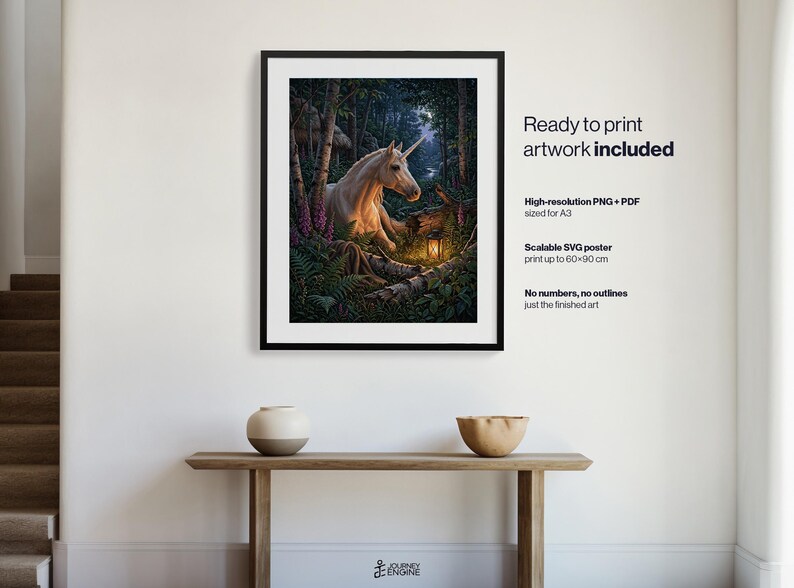 May include: A framed wall art print featuring a white unicorn resting in a dark forest with a glowing lantern. Text on the right reads: Ready to print artwork included, High-resolution PNG + PDF sized for A3, Scalable SVG poster print up to 60x90 cm.