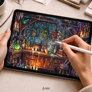 May include: A digital tablet displaying a pixel art illustration of a cluttered alchemist workshop. The scene features glowing green potions, lit candles, hanging herbs, and a bubbling cauldron on a wooden workbench, all rendered in a vibrant, detailed pixelated style.