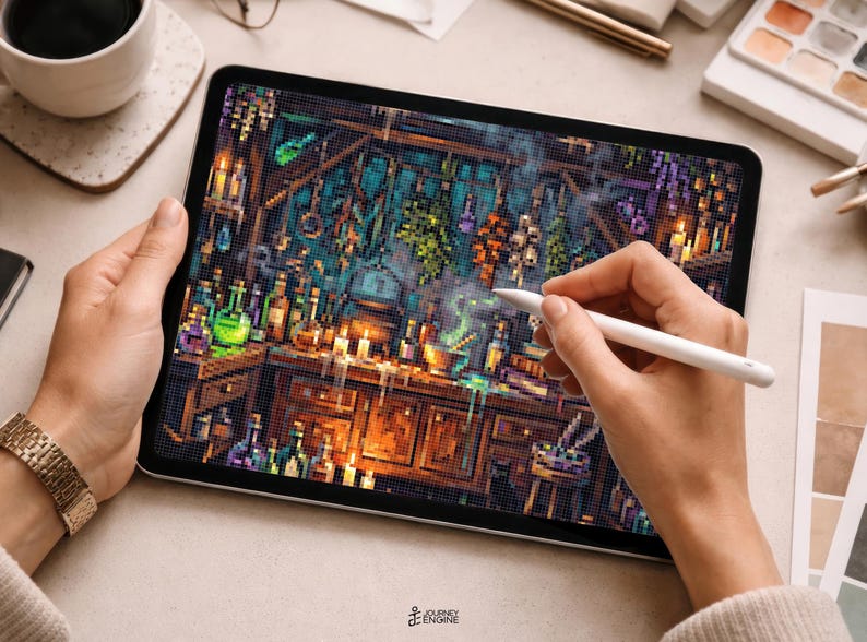 May include: A digital tablet displaying a pixel art illustration of a cluttered alchemist workshop. The scene features glowing green potions, lit candles, hanging herbs, and a bubbling cauldron on a wooden workbench, all rendered in a vibrant, detailed pixelated style.