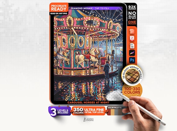 Carousel Horses at Night digital diamond painting mystery mosaic for iPad, Retro Mosaic
