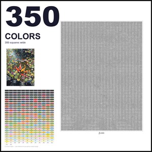 May include: A paint-by-numbers design template featuring a large grey grid of 350 squares wide, a small color reference image of koi fish in a pond, and a comprehensive color palette chart with 350 numbered color swatches for painting.