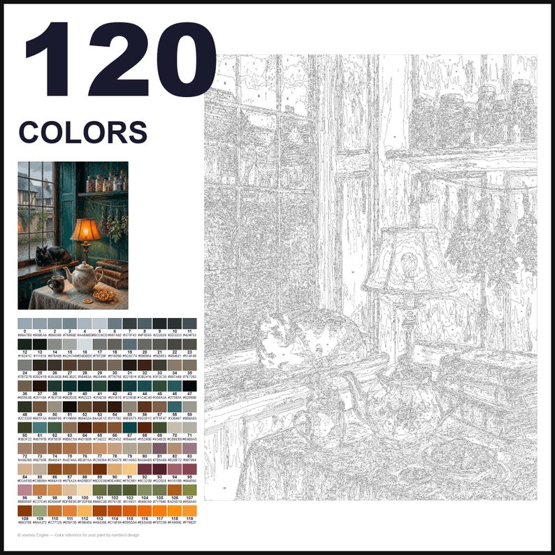 May include: A paint-by-numbers kit featuring a line art template of a cozy room with a window, a lamp, a teapot, and a cat. The image includes a small color reference photo, a 120-color palette guide, and numbered sections for painting.
