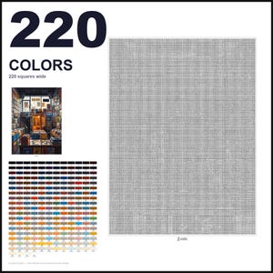 May include: A paint-by-numbers pattern featuring 220 colors and a 220 squares wide grid. The layout includes a reference image of a bookstore interior, a color-coded chart with numbered swatches, and a large, detailed grayscale grid for painting.