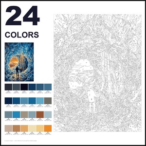 K&ouml;nnte beinhalten: Ein Malen-nach-Zahlen-Set mit 24 Farben, einem kleinen Referenzbild einer Person in einer blauen Eish&ouml;hle und einer gro&szlig;en nummerierten Vorlage. Die Farbpalette umfasst verschiedene Blau-, Braun-, Beige- und Oranget&ouml;ne f&uuml;r das Motiv.