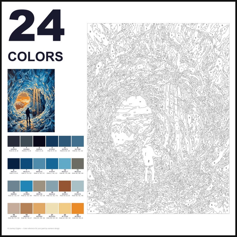 K&ouml;nnte beinhalten: Ein Malen-nach-Zahlen-Set mit 24 Farben, einem kleinen Referenzbild einer Person in einer blauen Eish&ouml;hle und einer gro&szlig;en nummerierten Vorlage. Die Farbpalette umfasst verschiedene Blau-, Braun-, Beige- und Oranget&ouml;ne f&uuml;r das Motiv.