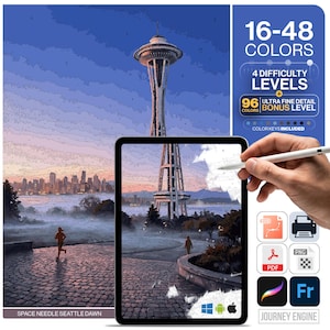 May include: A digital paint-by-number kit featuring the Seattle Space Needle at dawn. The image displays a cobblestone path, a runner, and the city skyline. Text includes 16-48 COLORS, 4 DIFFICULTY LEVELS, 96 ULTRA FINE DETAIL BONUS LEVEL, and SPACE NEEDLE SEATTLE DAWN.