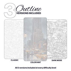 May include: A digital paint-by-number set featuring three outline versions: Classic, Color Hint, and Dark Mode. The centre image displays a rainy New York City street scene with a yellow taxi. Text reads 3 Outline VERSIONS INCLUDED and All 3 versions included at every difficulty level.