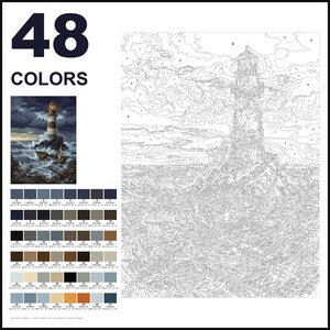 May include: A paint-by-numbers kit featuring a lighthouse scene with 48 colors. The image includes a large numbered outline of a lighthouse on a rocky shore, a small finished reference image, and a grid of 48 color swatches with numerical labels.