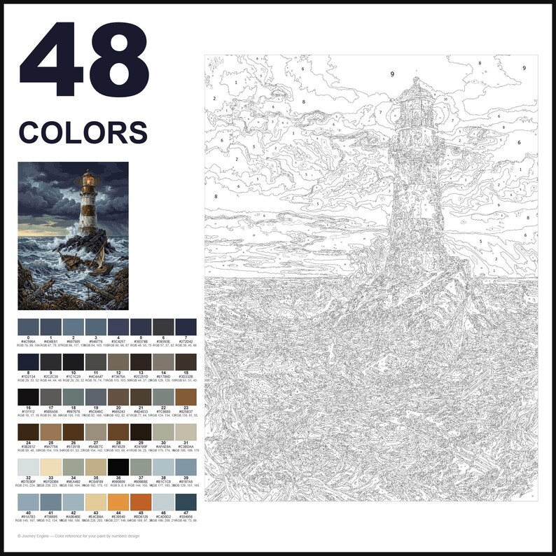 May include: A paint-by-numbers kit featuring a lighthouse scene with 48 colors. The image includes a large numbered outline of a lighthouse on a rocky shore, a small finished reference image, and a grid of 48 color swatches with numerical labels.