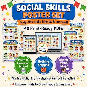 Poster-Set zu sozialen Kompetenzen | Dekoration für den Förderunterricht bei Autismus | Wandbilder zur Förderung sozialer und emotionaler Kompetenzen im Vorschulbereich | Druckbarer Download