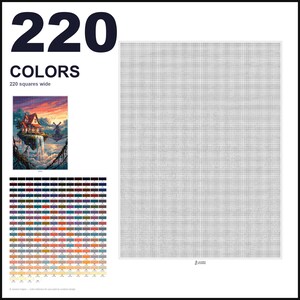 May include: A cross-stitch pattern chart featuring a large grid, a small reference image of a house on a floating island with a waterfall, and a color palette containing 220 distinct shades. The text 220 COLORS and 220 squares wide is visible.