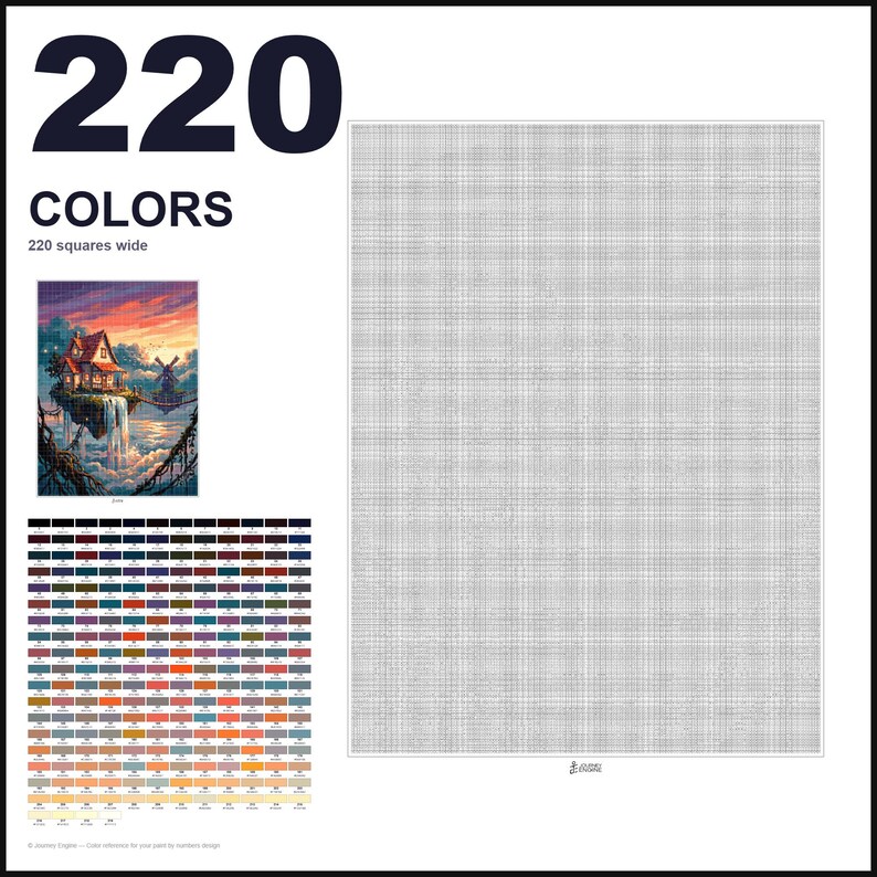 May include: A cross-stitch pattern chart featuring a large grid, a small reference image of a house on a floating island with a waterfall, and a color palette containing 220 distinct shades. The text 220 COLORS and 220 squares wide is visible.
