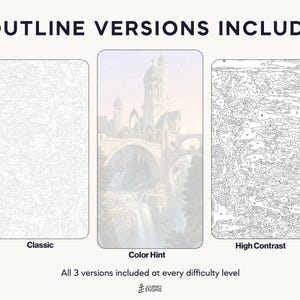 May include: Three paint-by-number templates labeled 3 OUTLINE VERSIONS INCLUDED. The left is a Classic outline, the center is a Color Hint version of a castle, and the right is a High Contrast outline. Text at bottom reads All 3 versions included at every difficulty level and Journey Engine.