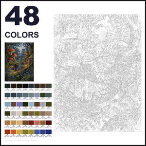May include: A paint-by-numbers kit featuring 48 colors and a detailed line art canvas of a forest scene with mushrooms, trees, and a small house. The set includes a small color reference image and a grid of 48 numbered paint color swatches.