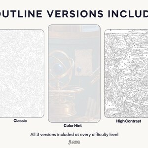 May include: Three paint-by-number templates labeled Classic, Color Hint, and High Contrast. The Classic and High Contrast versions feature black line art on white backgrounds, while the Color Hint version shows a faint, semi-transparent image of an armillary sphere. The text 3 OUTLINE VERSIONS INCLUDED and All 3 versions included at every difficulty level appear at the top and bottom.