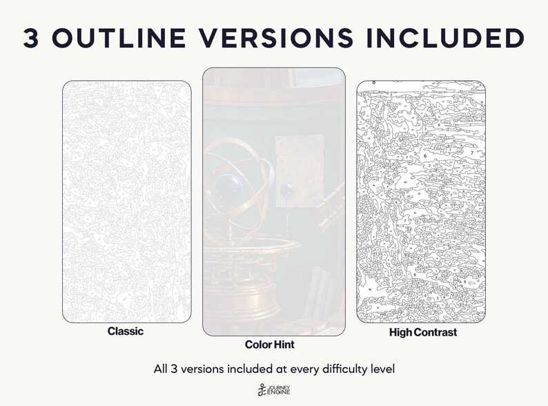 May include: Three paint-by-number templates labeled Classic, Color Hint, and High Contrast. The Classic and High Contrast versions feature black line art on white backgrounds, while the Color Hint version shows a faint, semi-transparent image of an armillary sphere. The text 3 OUTLINE VERSIONS INCLUDED and All 3 versions included at every difficulty level appear at the top and bottom.