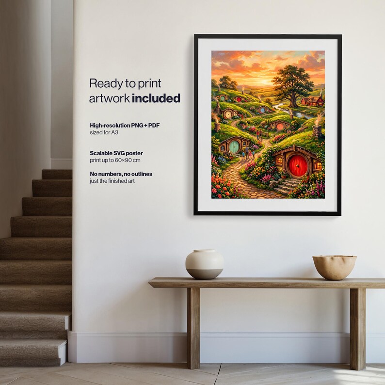 May include: A framed digital art print featuring a landscape of rolling green hills with small round-door houses, a winding stone path, and a sunset sky. Text on the left reads: Ready to print artwork INCLUDED, High-resolution PNG + PDF sized for A3, Scalable SVG poster print up to 60x90 cm, No numbers, no outlines, just the finished art.